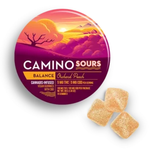 Camino Balance Sour Gummies (Peach) 100mg THC, 100mg CBD