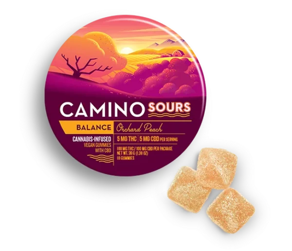 Camino Balance Sour Gummies (Peach) 100mg THC, 100mg CBD