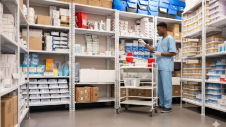 Healthcare professional managing medical inventory in a clean, organized storage facility