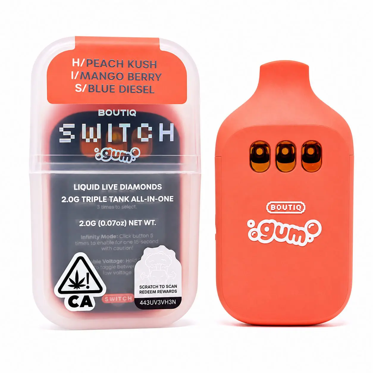 – Peach Kush x Mango Berry x Blue Diesel – New 2g Boutiq Switch V5 3 Flavor Disposable(H x I x S)